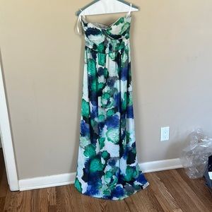 Strapless maxi dress, multi colored floral print, size 0